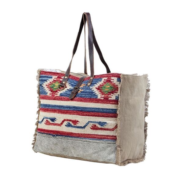 Myra Bag Handmade Wild Weekender Bag Upcycled Canvas & Cowhide Leather - Picture 3 of 7